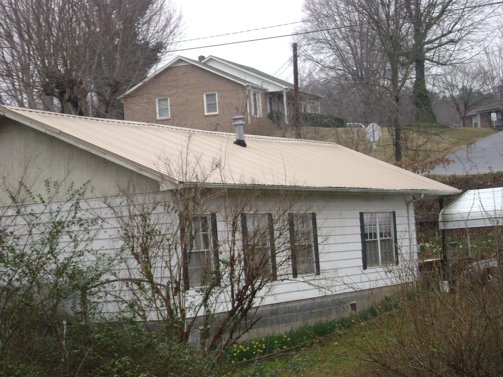 Tan metal roof on a white sided house set into a hillside in Pikesville